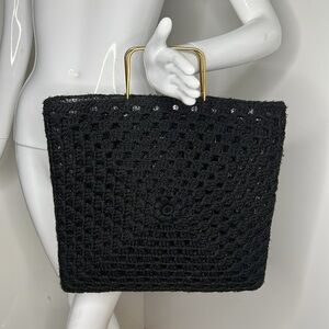 Black Wool Macrame Mesh Lined Large Flat Tote Bag
